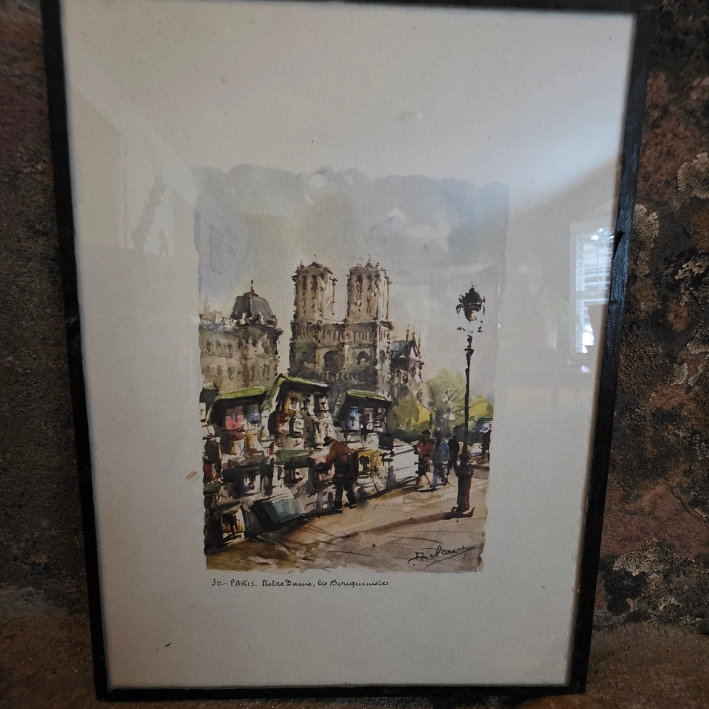 Vintage Paris Notre Dame les Bouquinistes Watercolor Print Framed Art French